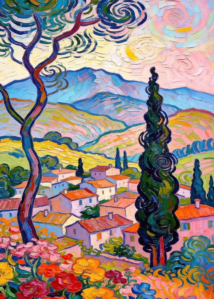 Post-Impressionist Village Landscape Painting