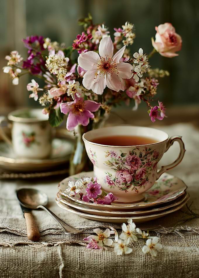 Vintage Floral Tea Set Still Life