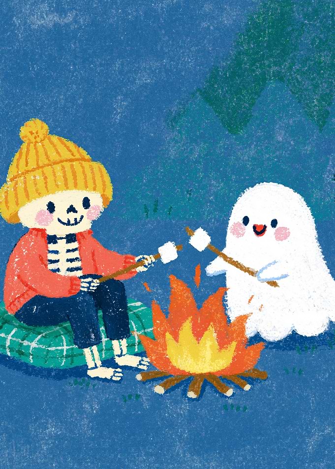 Skeleton and Ghost Roasting Marshmallows