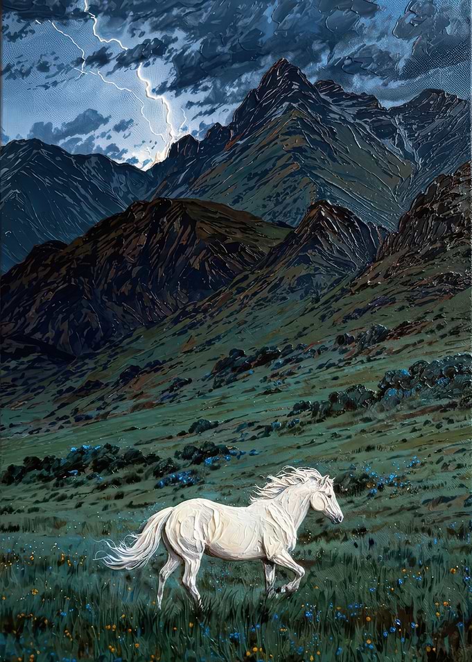 White Horse in Stormy Mountains