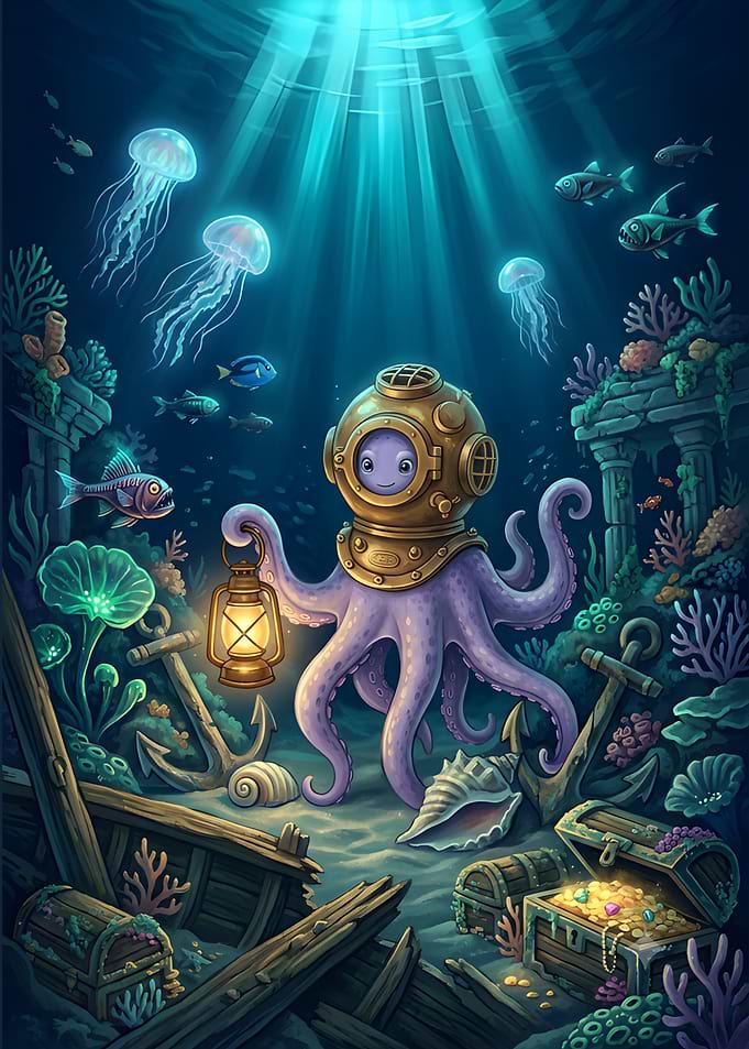 Deep Sea Explorer Octopus – Underwater Adventure Fantasy Wall Art