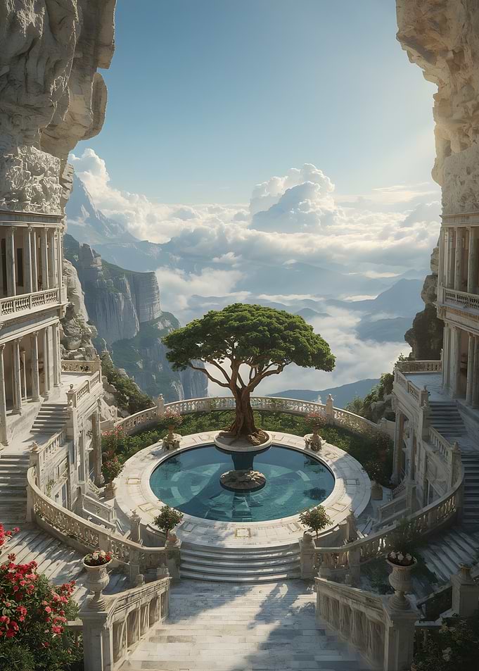 Ethereal Mountain Palace with Sacred Tree