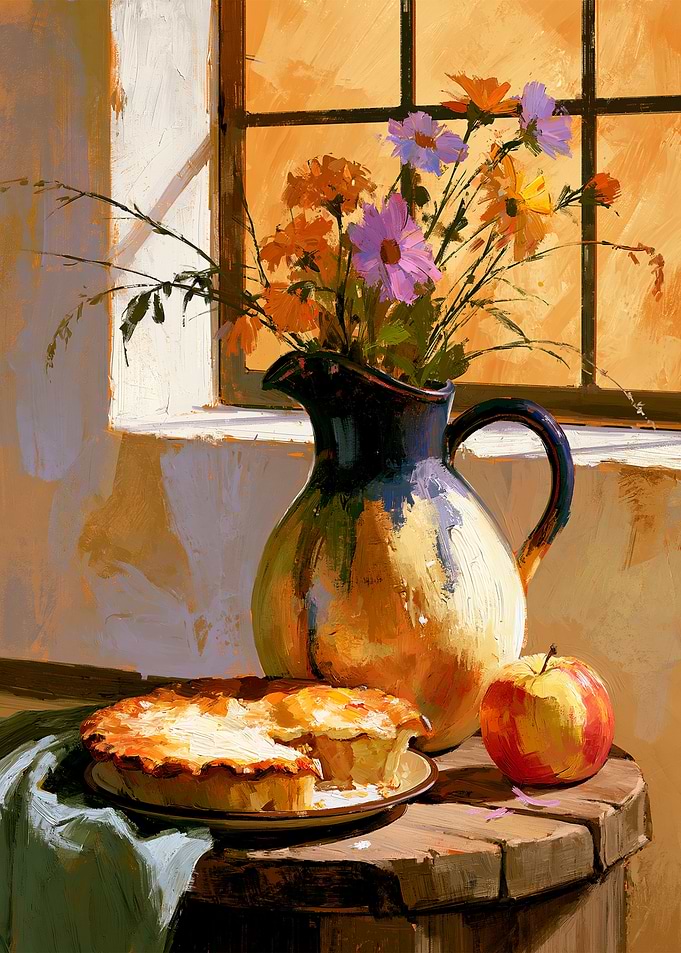 Warm Country Window with Flowers and Apple Pie