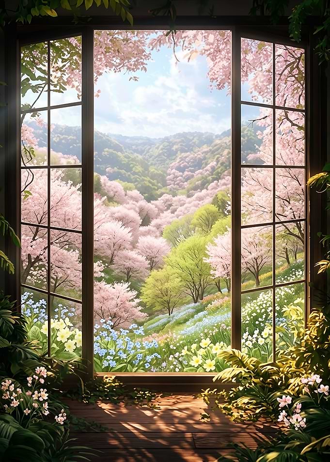 Window View of Spring Cherry Blossoms