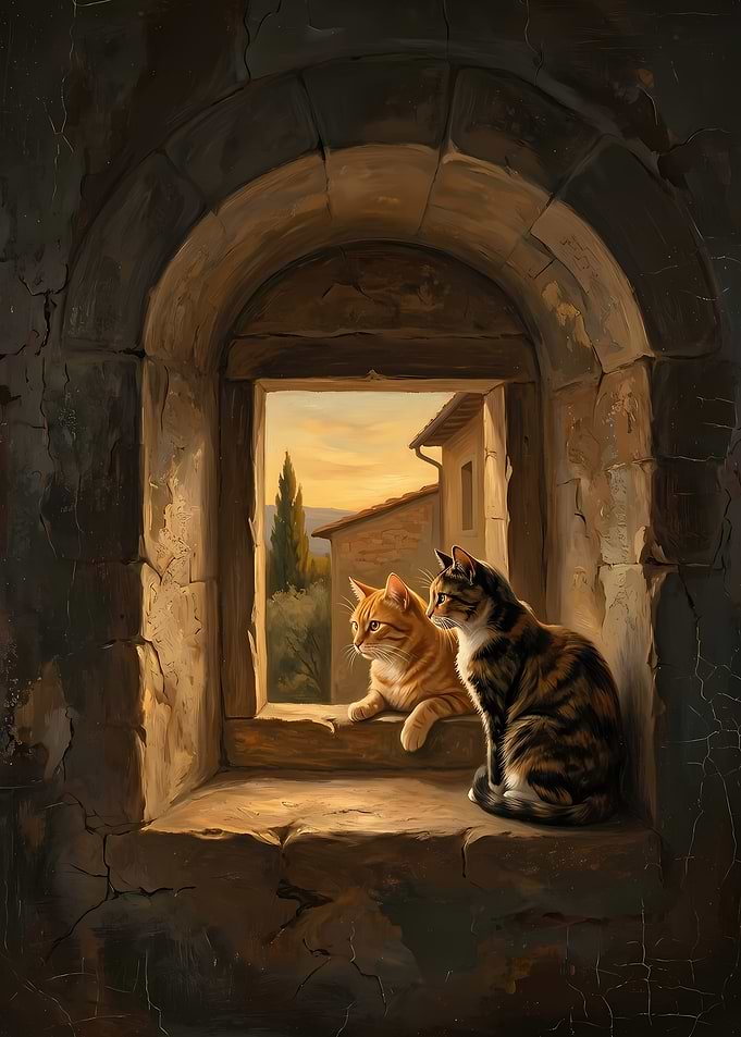 Two Cats in a Stone Window