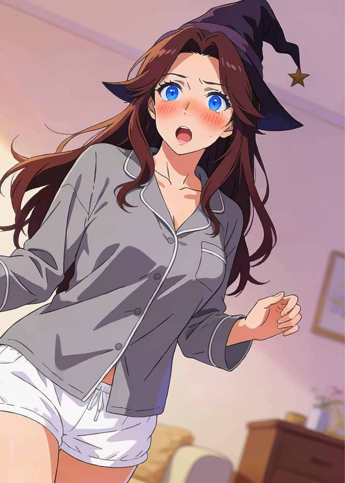 Flustered Anime Girl in Witch Hat