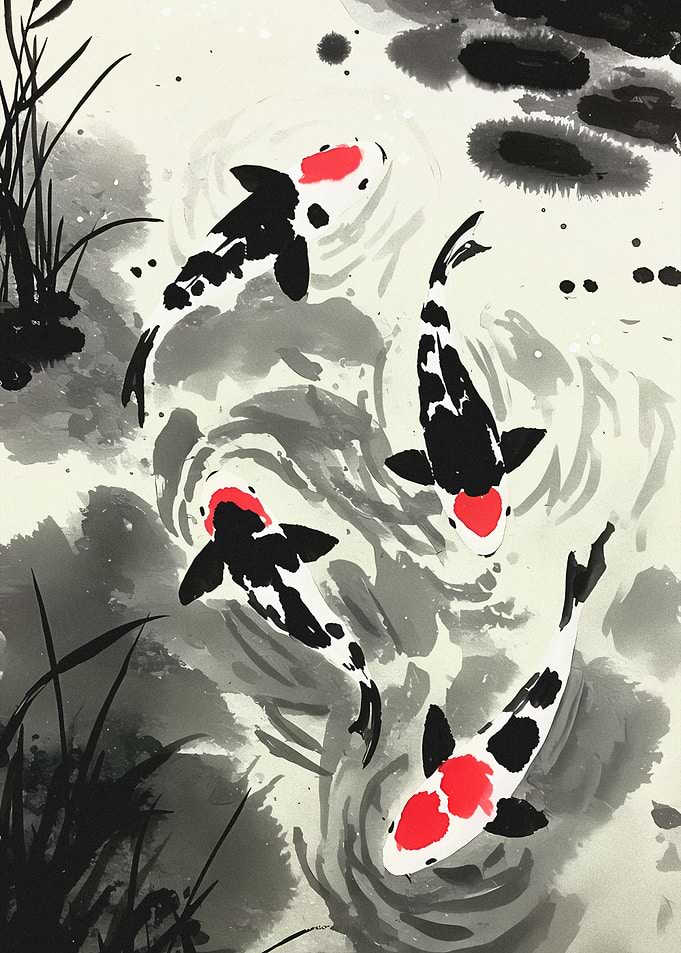 Ink Wash Painting of Koi Fish