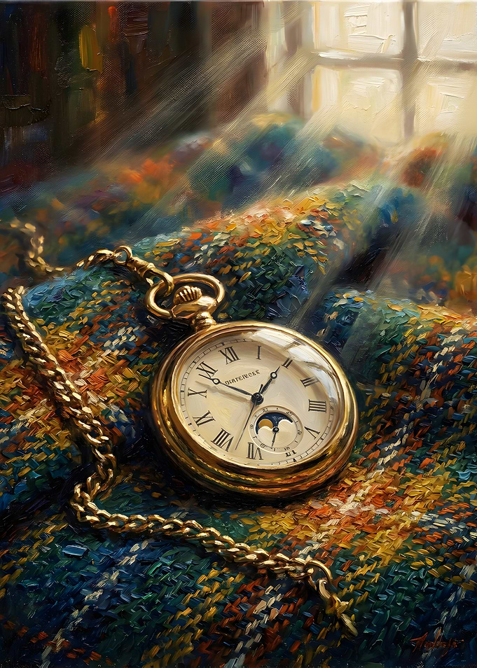 Golden Pocket Watch on Plaid Fabric