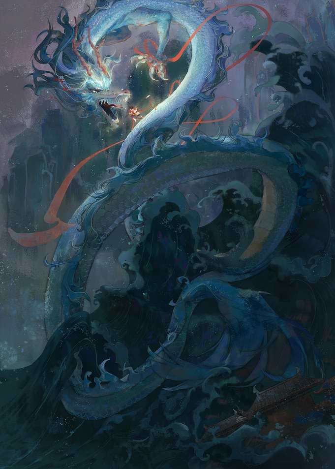 Majestic Blue Dragon Over Dark Waters