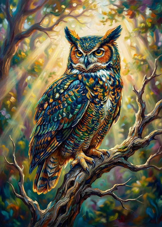 Vibrant Great Horned Owl Painting