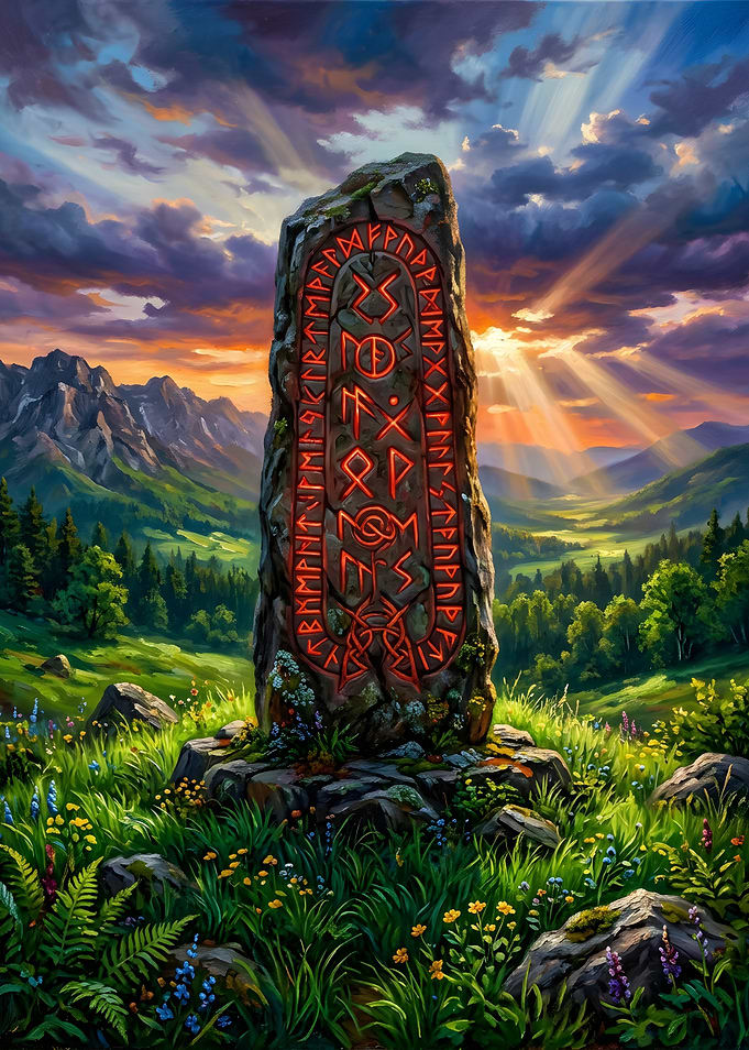 Glowing Viking Runestone in Meadow