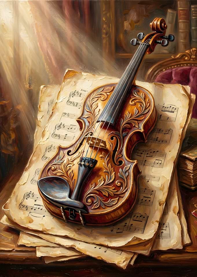 Ornate Violin on Vintage Sheet Music