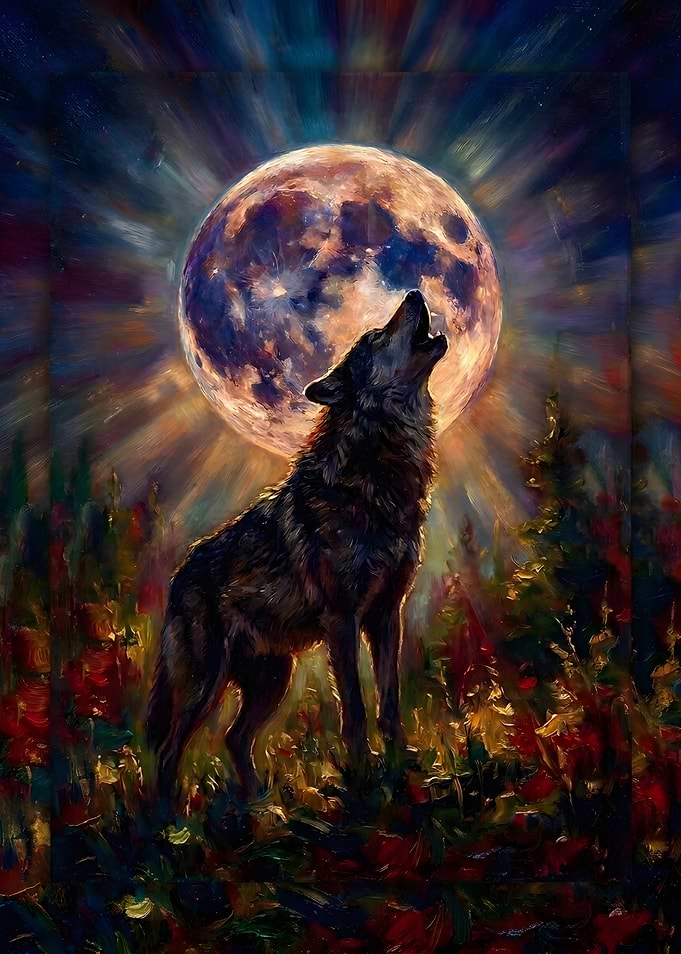 Wolf Howling at Full Moon Painting