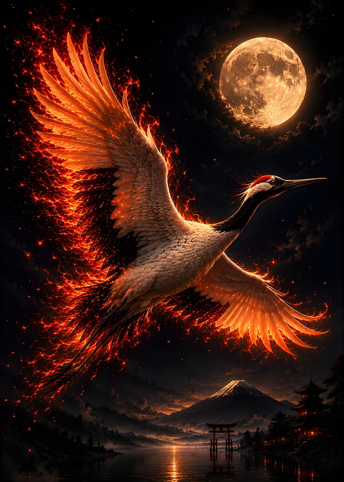 Fiery Crane Over Mount Fuji