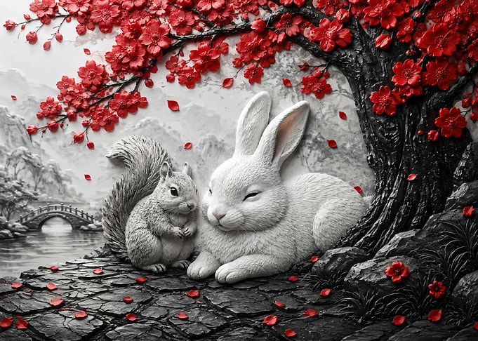 Rabbit and Squirrel Under Red Blossoms