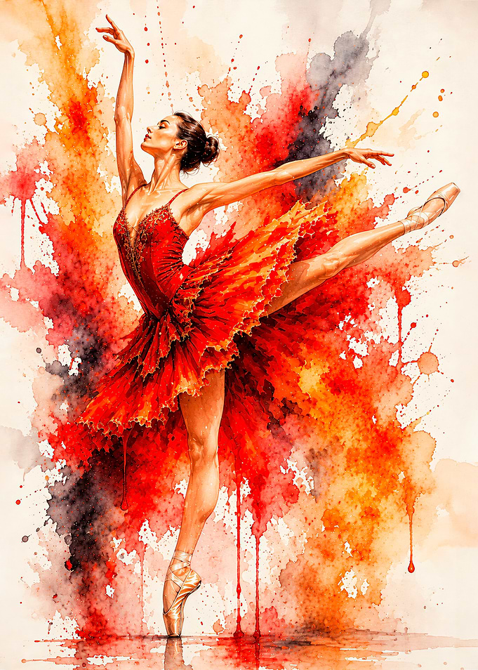 Watercolor Ballerina in Red Dress