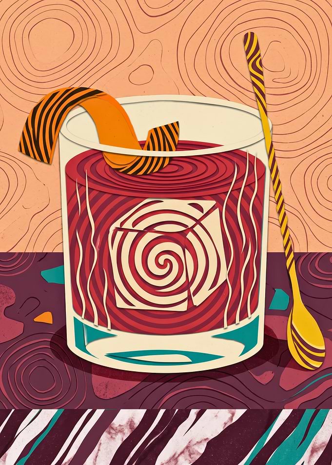 Negroni Cocktail Illustration Swirl Pattern Red Orange