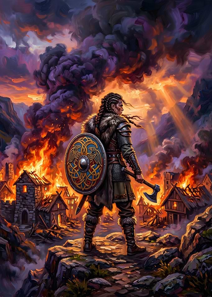 Viking Warrior Standing Before Burning Village