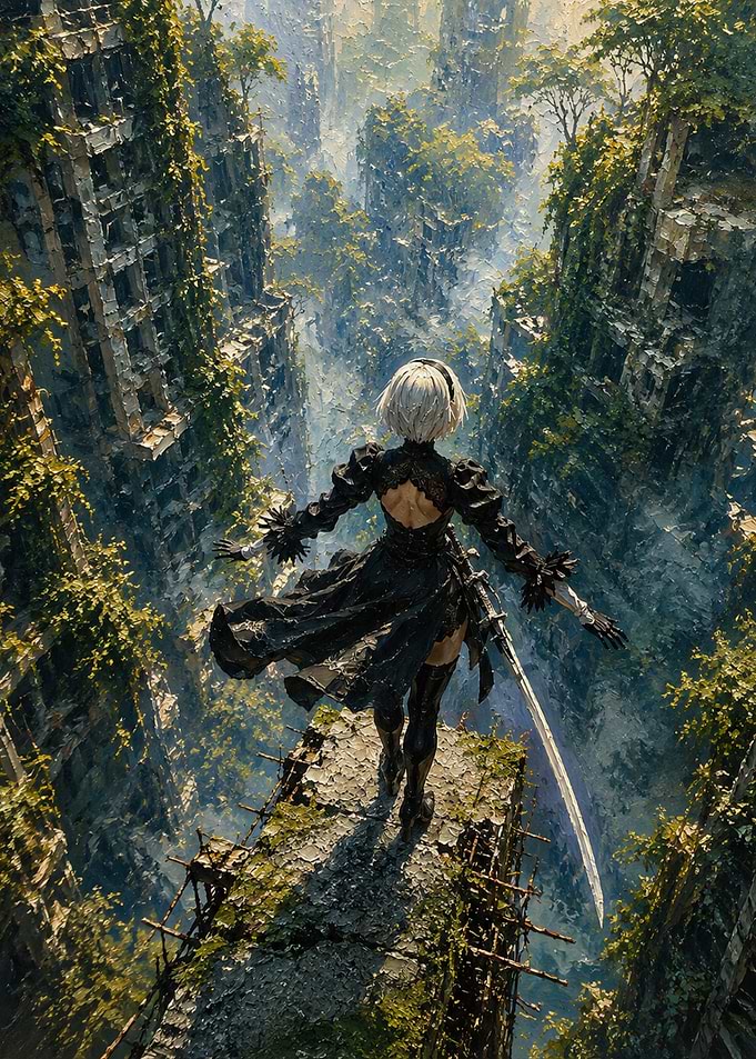 2B Standing Over Ruined Cityscape