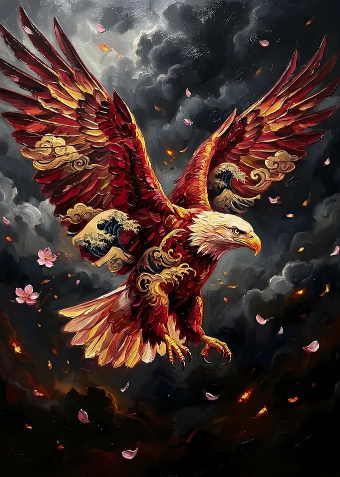 Majestic Eagle with Japanese Wave Art