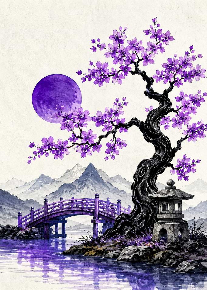 Purple Cherry Blossom Landscape Art