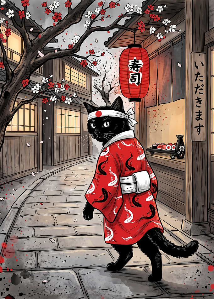 Black Cat in Traditional Japanese Kimono
