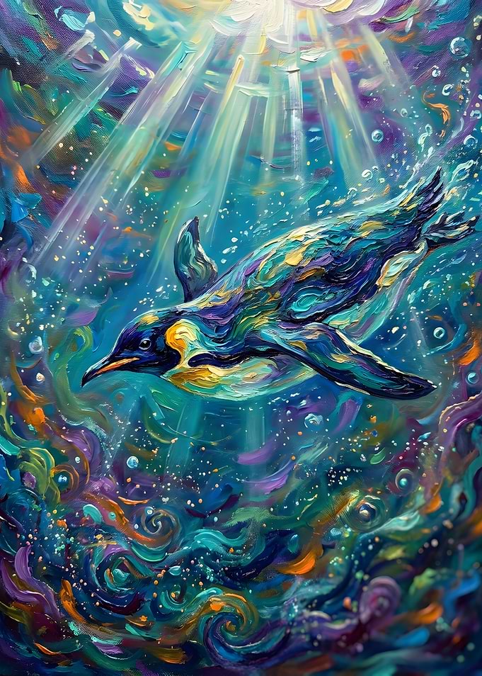 Impressionist Painting of Swimming Penguin