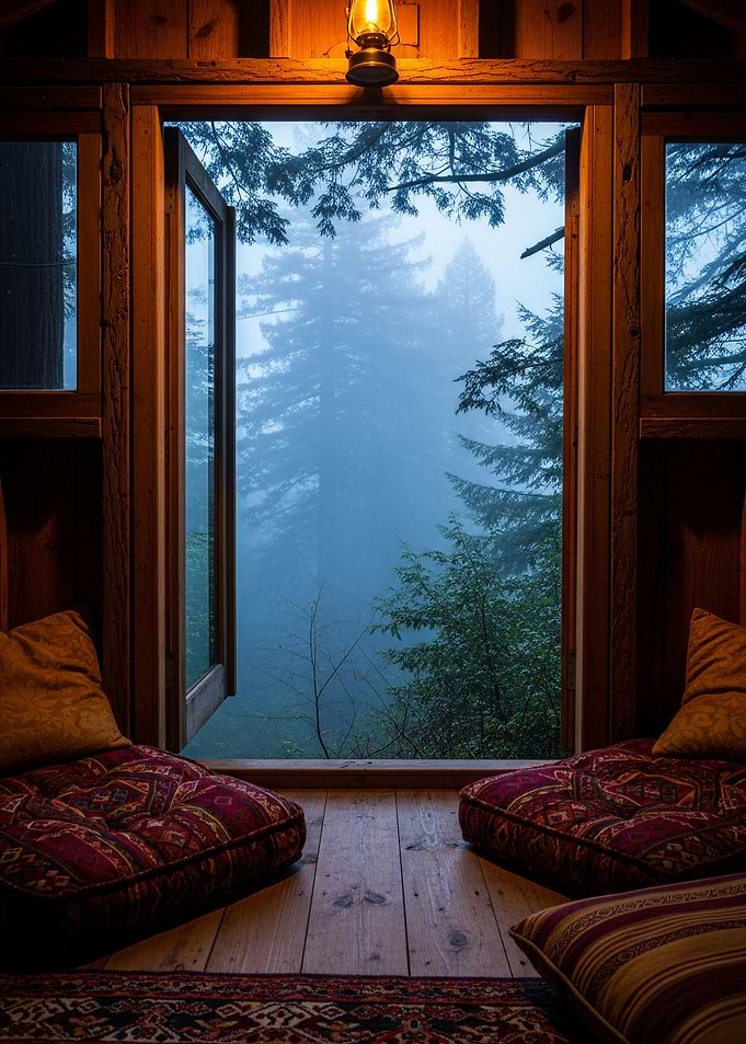 Cozy Cabin View of Misty Forest