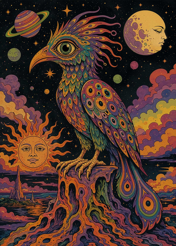 Psychedelic Cosmic Bird Illustration