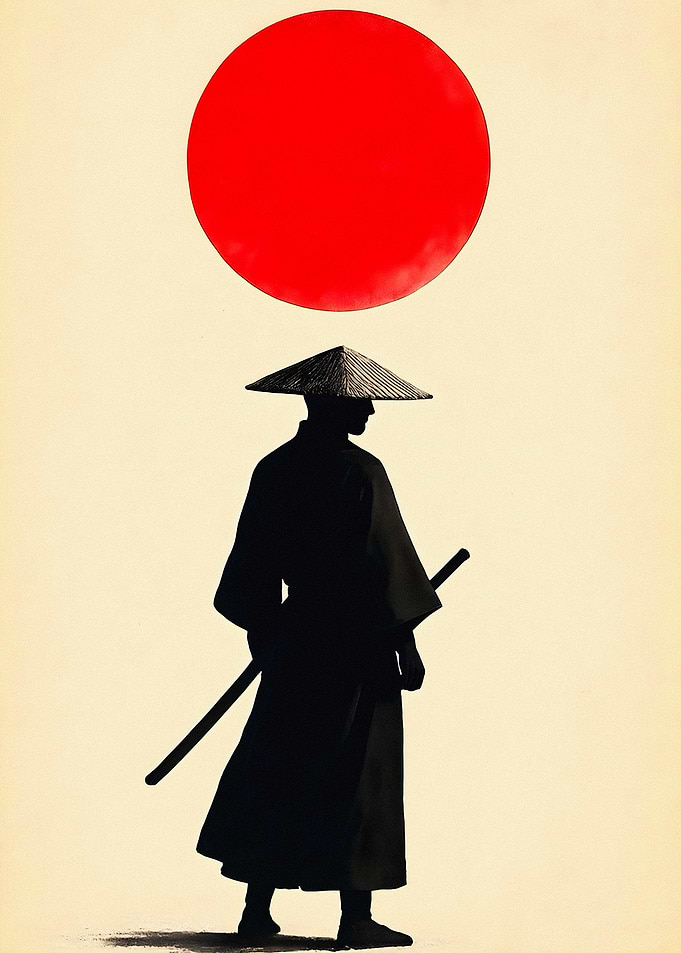 Minimalist Samurai Silhouette with Red Sun