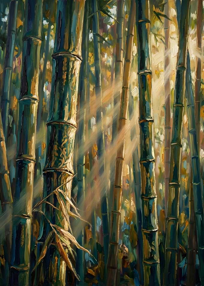 Sunlit Bamboo Forest Oil Painting
