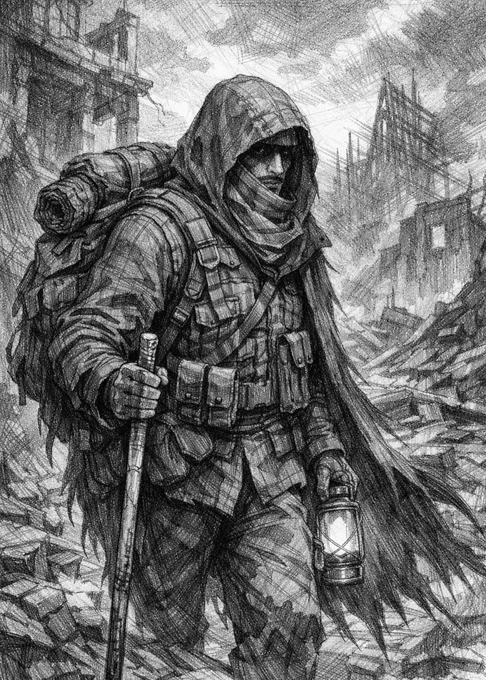 Post-Apocalyptic Survivor Walking Through Ruins