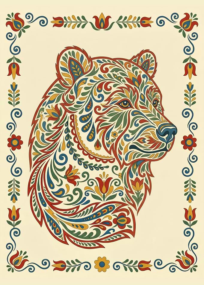 Traditional Nordic Kurbits Folk Art Bear Illustration