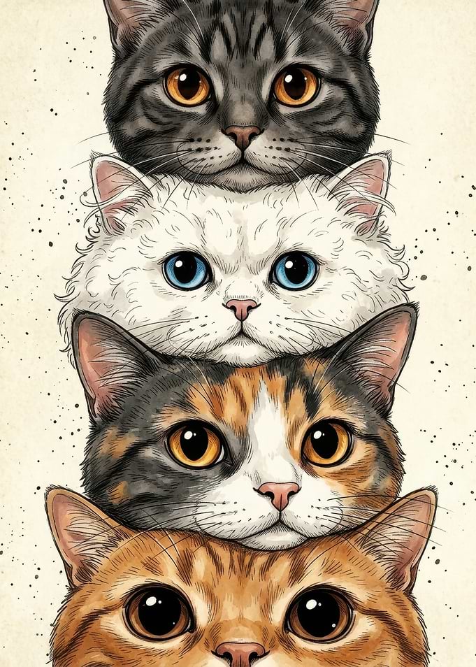 Stack of Four Cute Cats