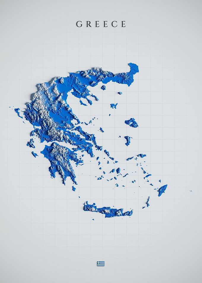 Greece Topographic Map - Color Shaded Relief, 3D Elevation Poster