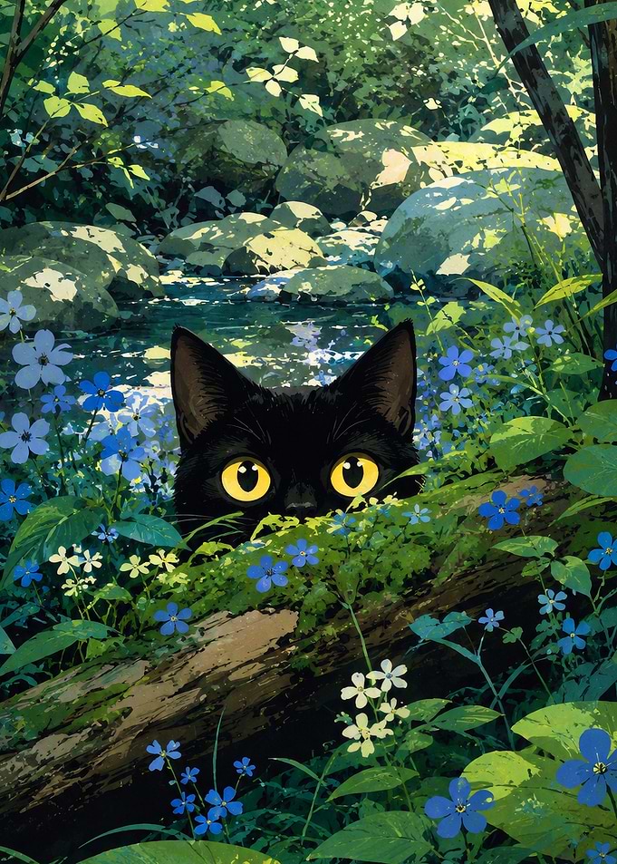 Black Cat Peeking from Forest Flowers