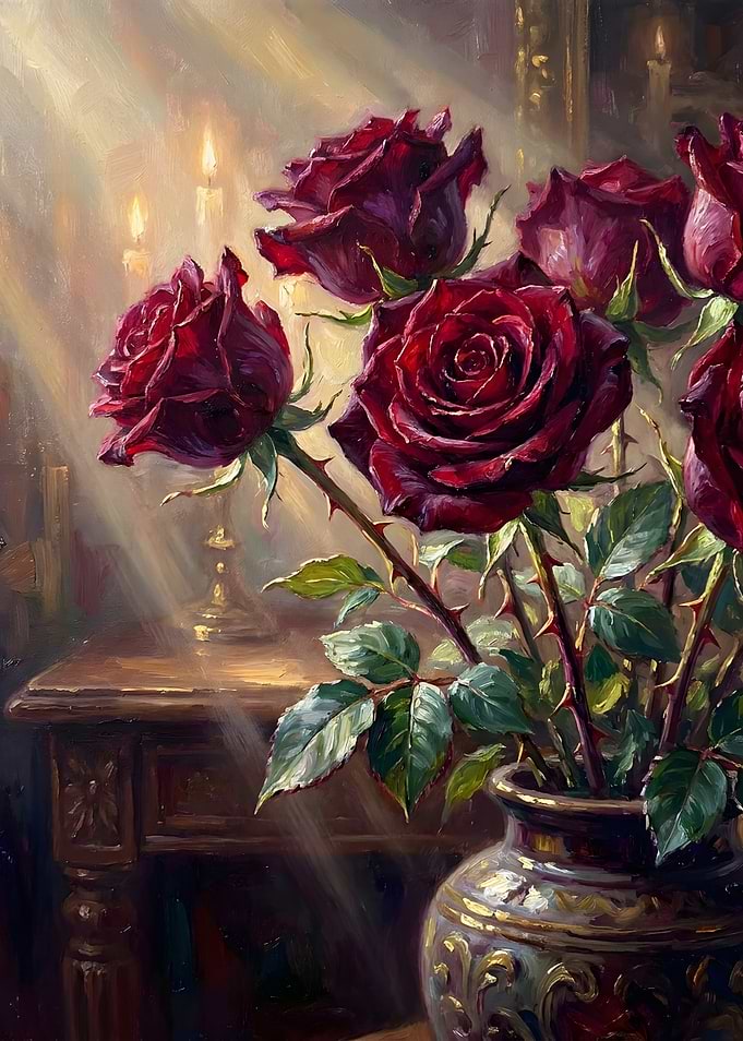 Oil Painting of Dark Red Roses