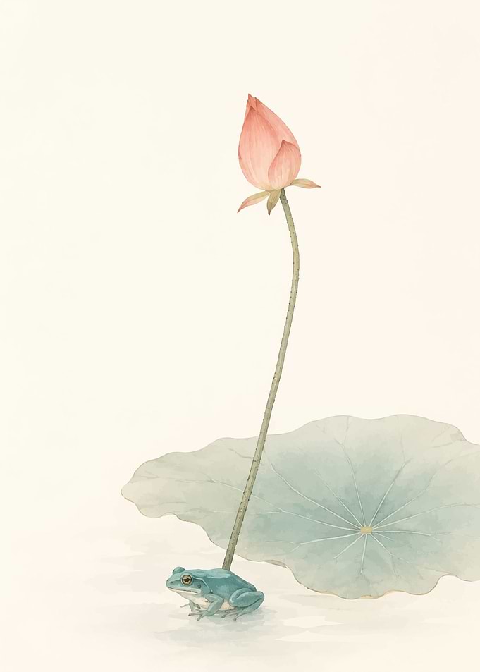 Watercolor Frog and Lotus Bud