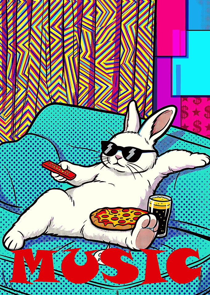 Cool Rabbit Relaxing with Pizza