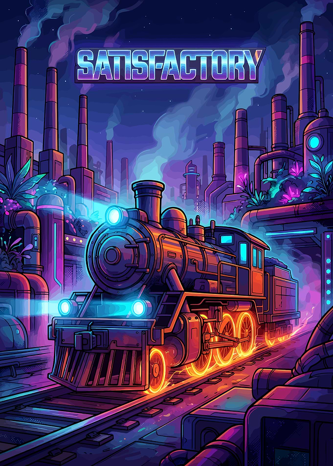 Satisfactory Game Neon Steam Train Poster