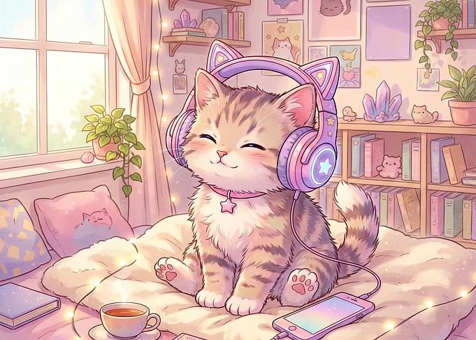 Cute Kitten Listening to Music