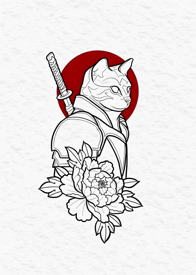 Samurai Cat with Peony Tattoo Design