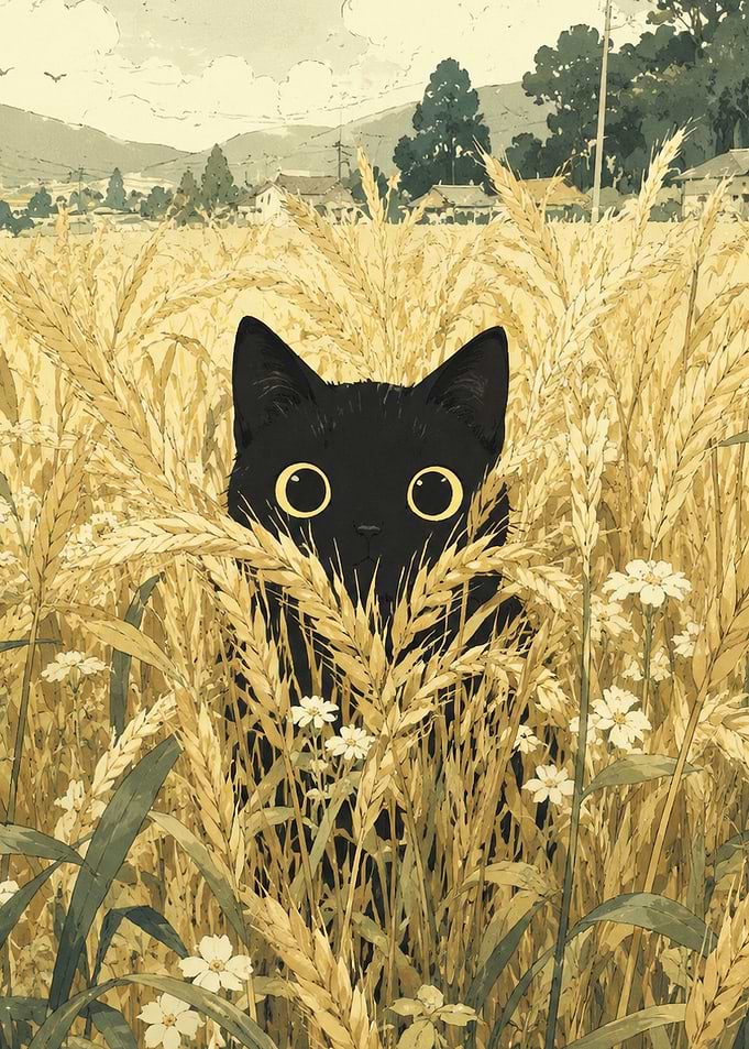Black Cat in Golden Wheat Field