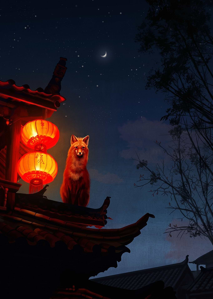 Fox Sitting on Traditional Roof
