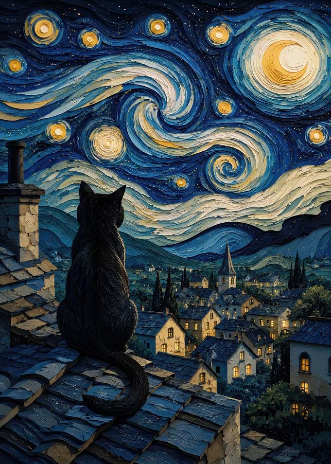 Black Cat Watching Starry Night