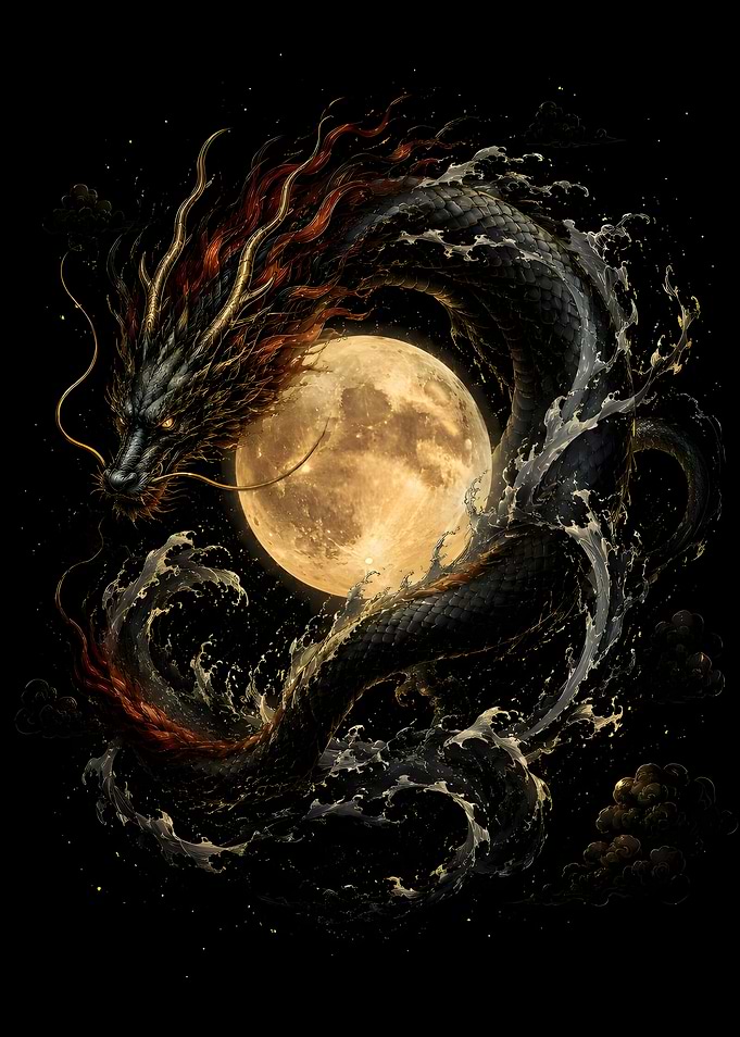 Majestic Dragon Coiled Around Full Moon