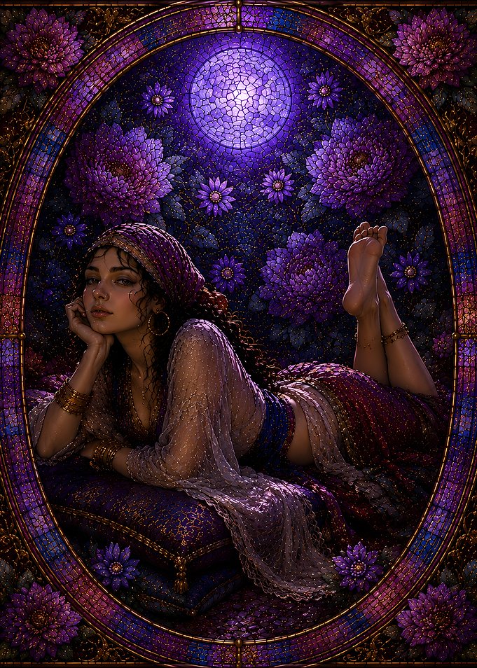 Ethereal Woman in Purple Floral Frame