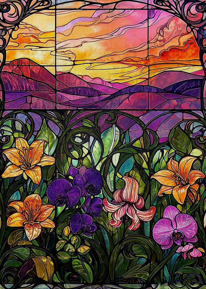 Art Nouveau Stained Glass Floral Landscape