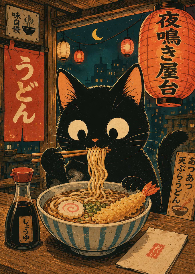 Black Cat Eating Ramen