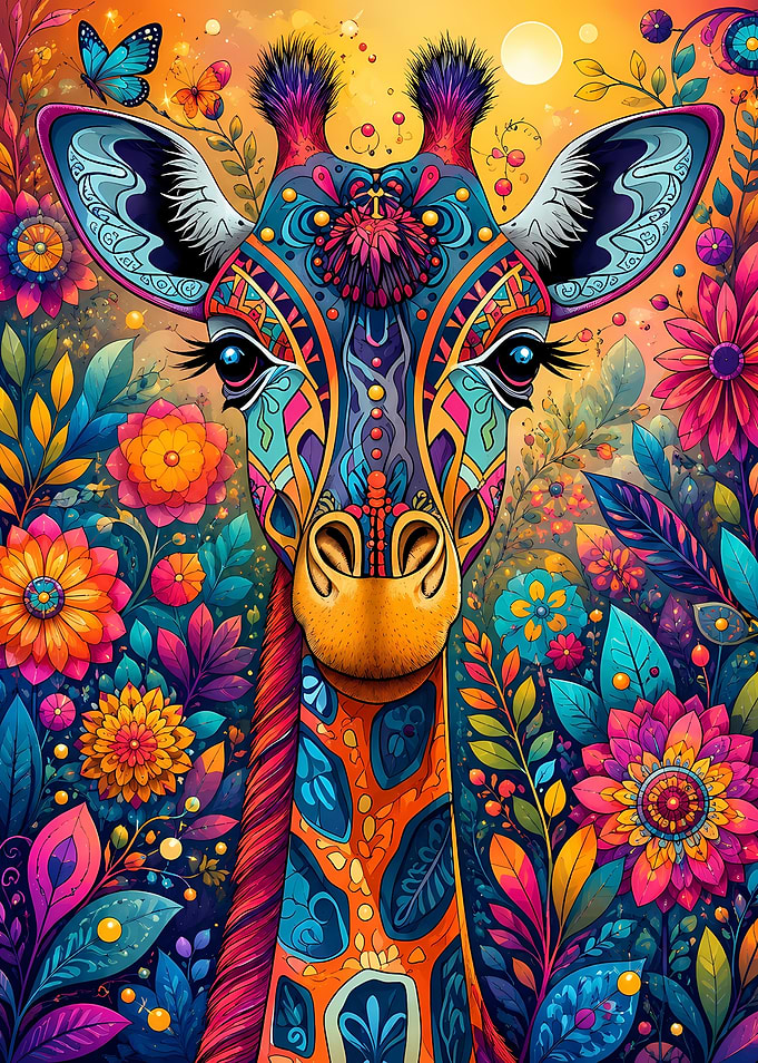 Vibrant Psychedelic Giraffe Floral Portrait